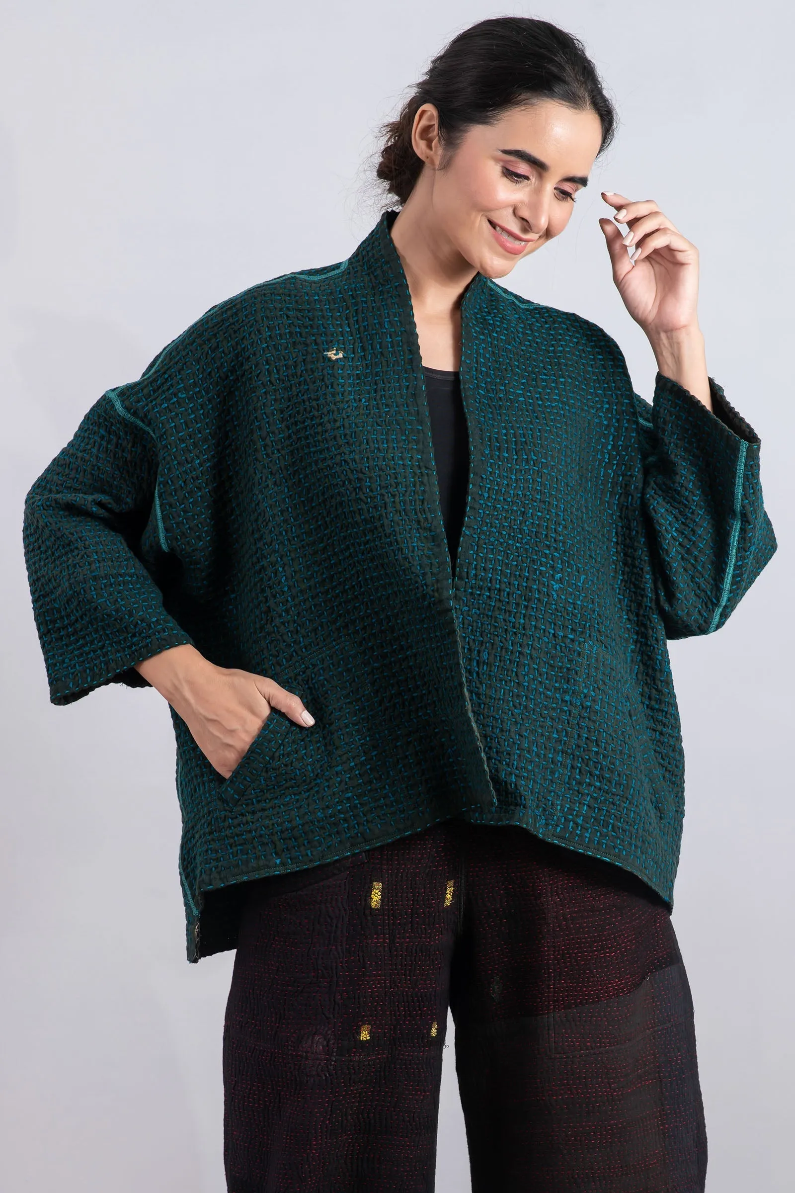 WOOL WAFFLE KANTHA MINI KIMONO JKT - ww3055-tel -