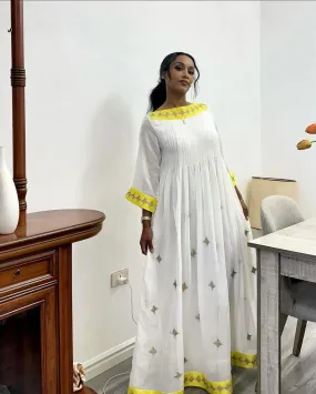 Yellow Simple Designed Habesha Dress: Diamond Shaped Silver Detailing Traditional Ethiopian Dress Flowy Habesha Kemis