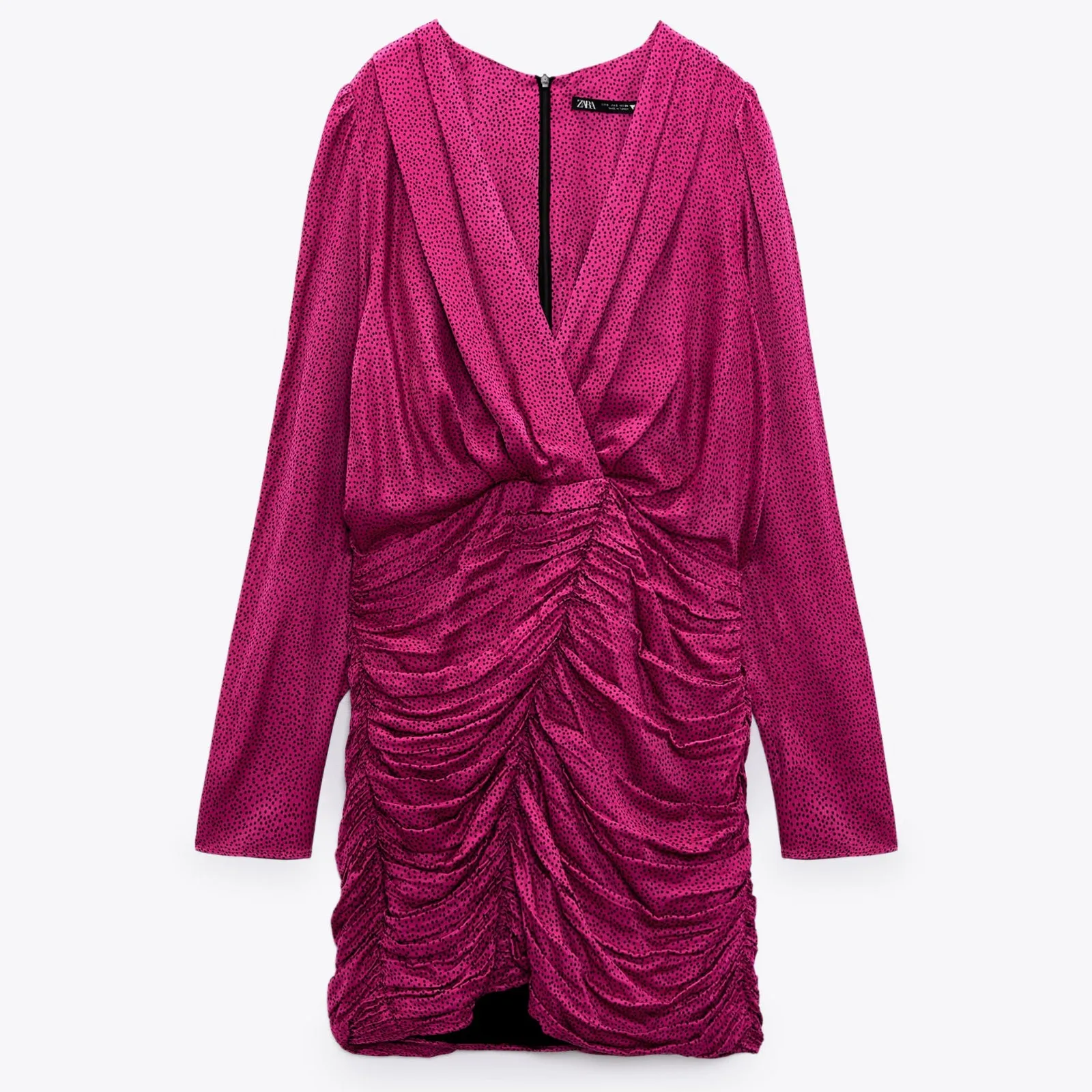 Zara Women Ruched Satin Effect Print Wrap Dress Fuchsia Pink | XXL
