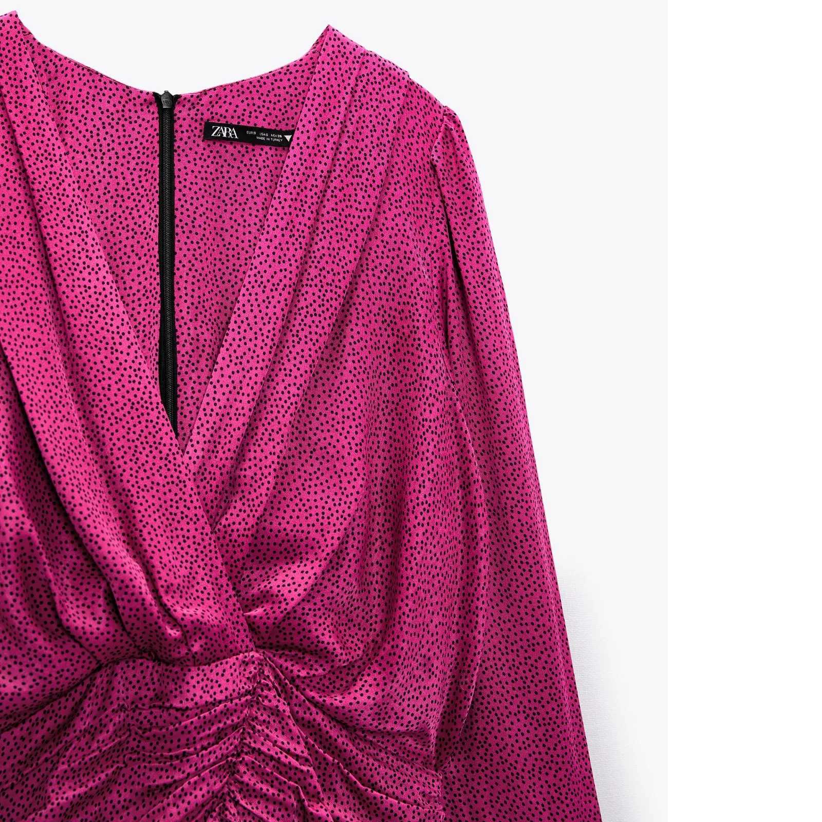 Zara Women Ruched Satin Effect Print Wrap Dress Fuchsia Pink | XXL
