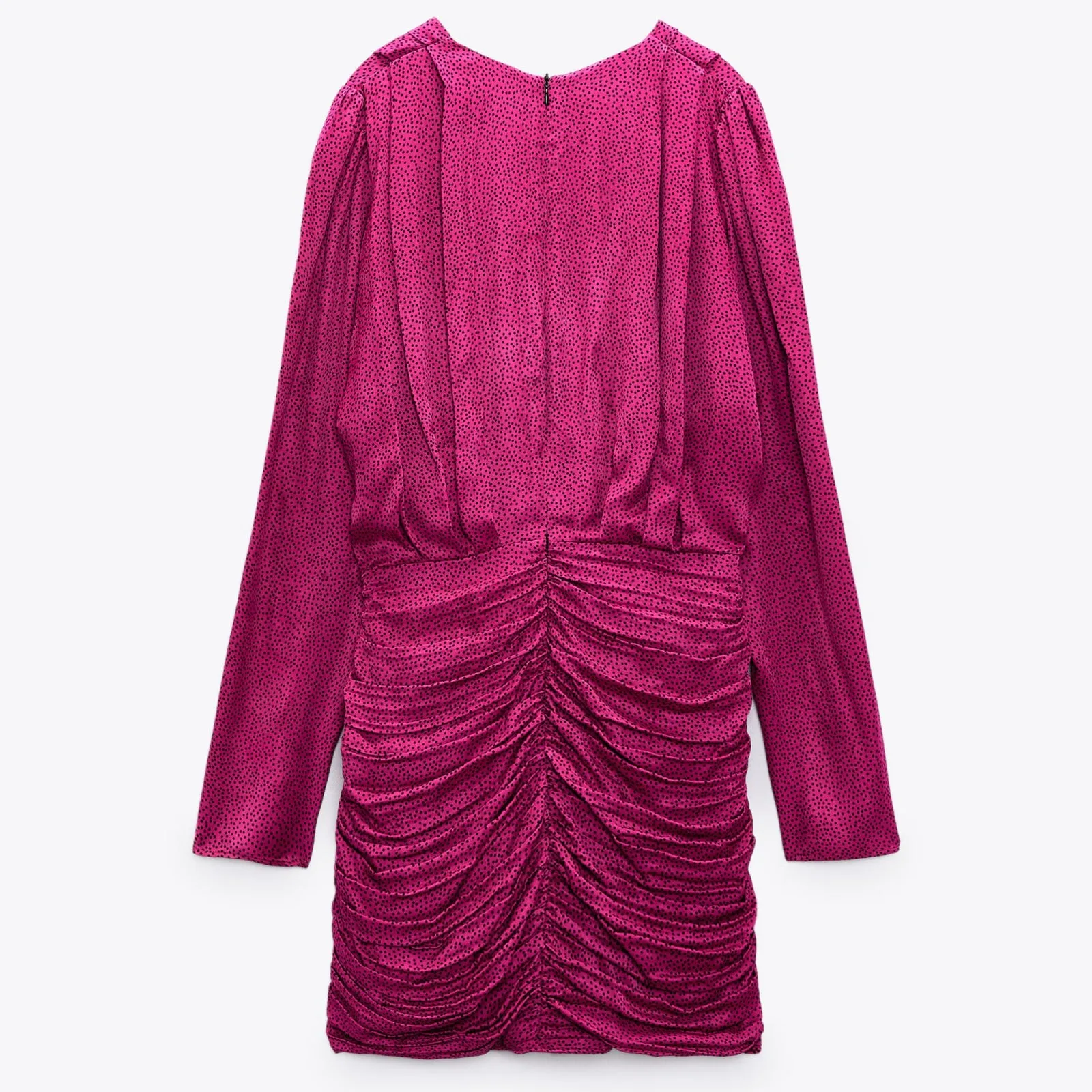 Zara Women Ruched Satin Effect Print Wrap Dress Fuchsia Pink | XXL
